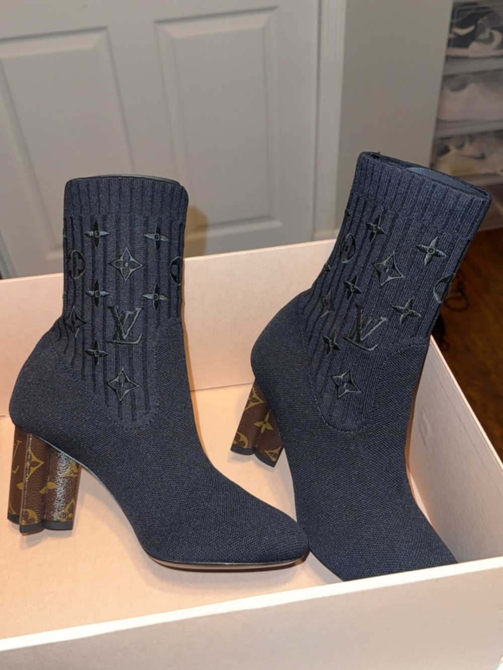 Louis Vuitton Black Knit Sock Ankle Boots with Monogram Heel Accent - Picture 6 of 7